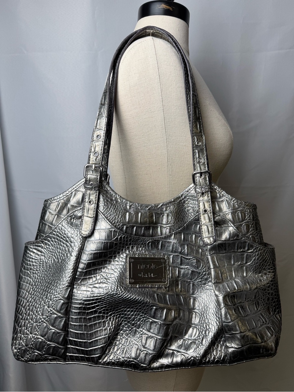 Nicole by Nicole Miller Metallic Silver Croc Embossed Shoulder Bag Tote